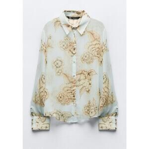 Zara Sheer Floral Button Front Blouse Size Large Romantic Light Blue